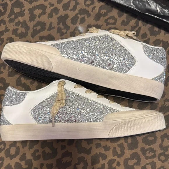 Women's Glitter Sneakers - Silver and White - Picture 2 of 8